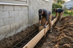 Workers setting forms for a new footing along a house — Concrete Foundations in Lake Station