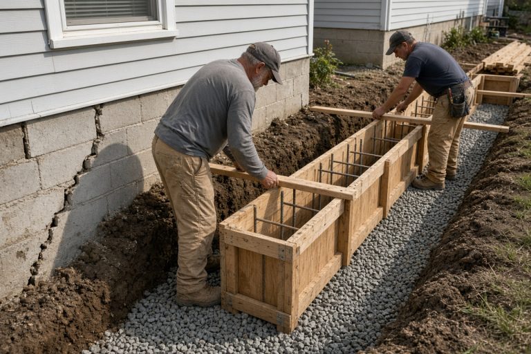 Crew setting wood forms for a replacement foundation wall - Concrete Foundations in Merrillville