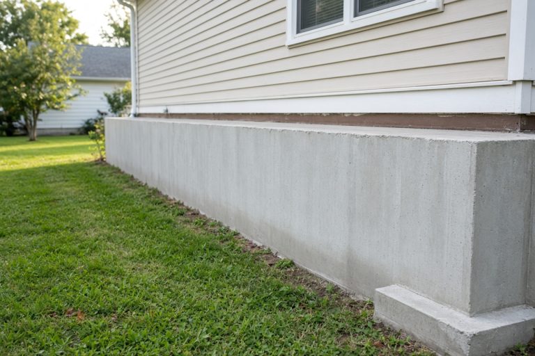 Straight finished foundation wall beside a ranch house - Concrete Foundations in Merrillville
