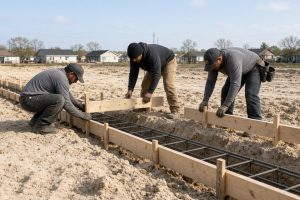 Crew setting forms along a sandy footing trench — Concrete Foundations in Michigan City