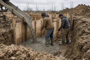 Crew pouring a foundation wall in clay soil - Concrete Foundations in South Holland