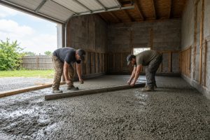 Crew screeding a fresh garage pour beside an open door - Concrete Garage Floors in Gary