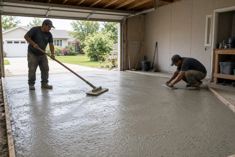 Crew finishing fresh concrete inside an open garage bay — Concrete Garage Floors in La Porte