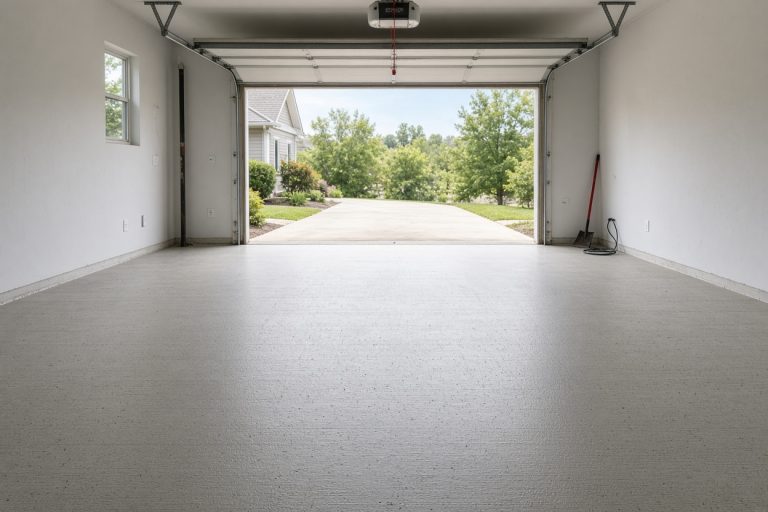 New broom-finished garage slab inside a residential bay — Concrete Garage Floors in La Porte