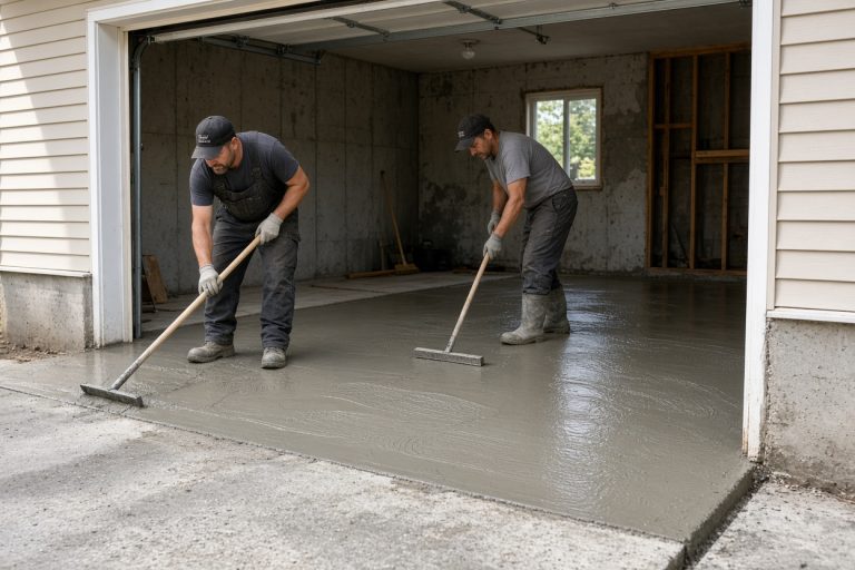 Crew finishing a new garage slab pour, Concrete Garage Floors in Lake Station