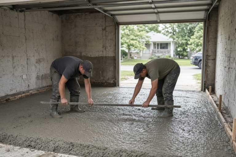 Workers placing fresh concrete in an open garage - Concrete Garage Floors in Lowell