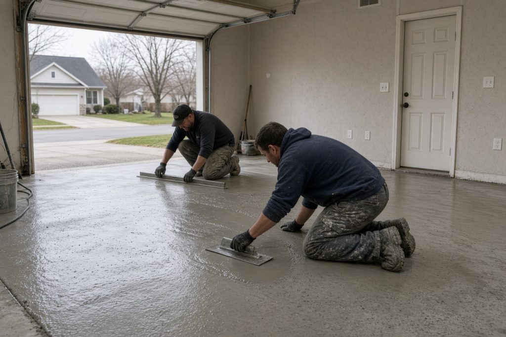 Crew finishing a fresh garage slab inside an attached garage — Concrete Garage Floors in Merrillville
