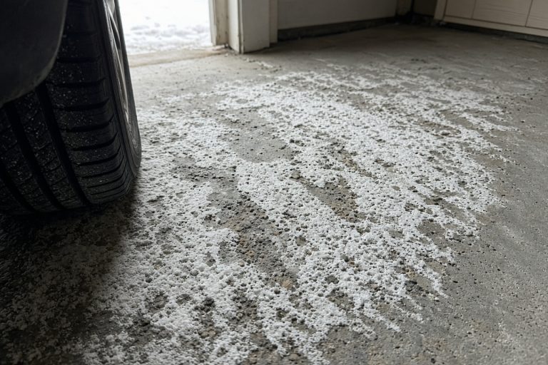 Pitted garage concrete with salt scale in a tire path — Concrete Garage Floors in Merrillville