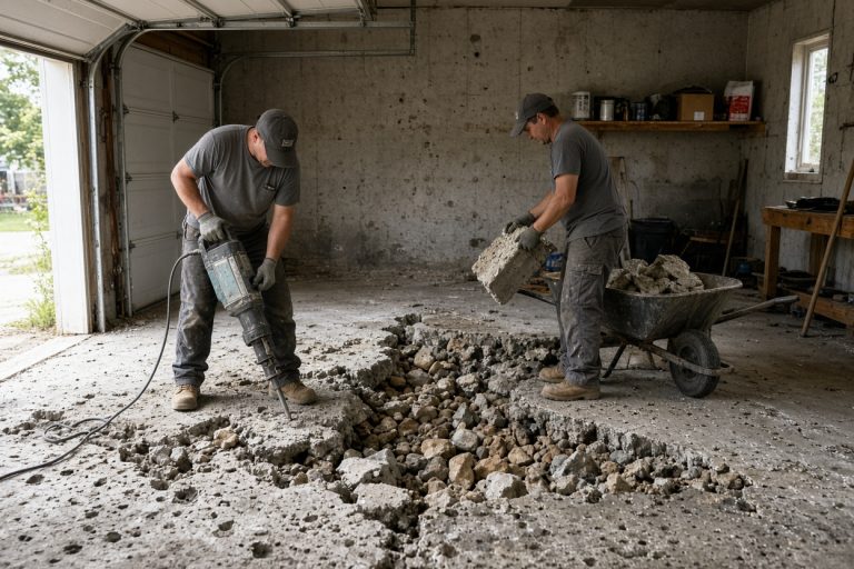 Workers breaking out a pitted garage slab with a jackhammer - Concrete Garage Floors in Michigan City