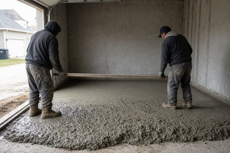 Crew pouring fresh concrete inside an attached garage — Concrete Garage Floors in South Holland