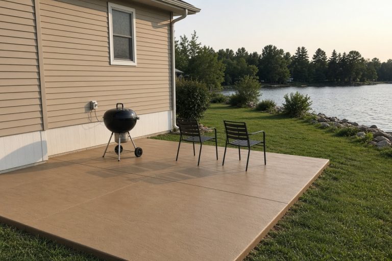 Finished tan patio overlay next to a lake house — Concrete Overlays in Cedar Lake