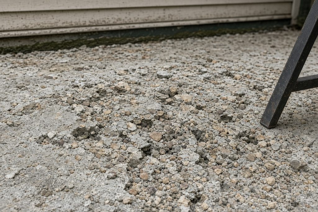 Close view of scaled pitted patio concrete — Concrete Overlays in Cedar Lake