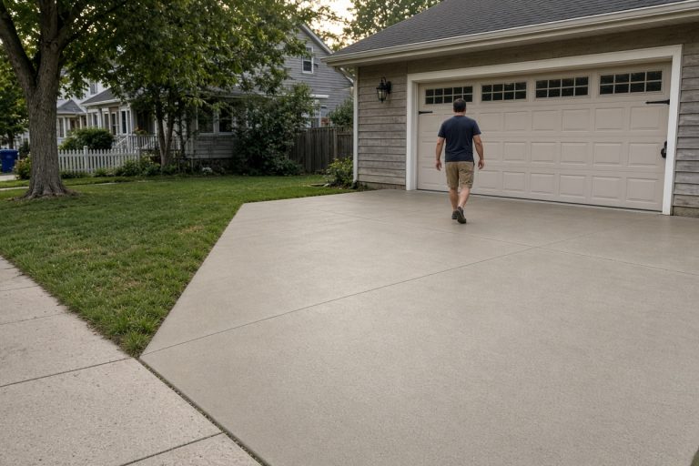 Finished smooth driveway overlay beside a garage — Concrete Overlays in Dyer