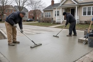 Crew spreading a thin overlay on a sound driveway slab — Concrete Overlays in Dyer
