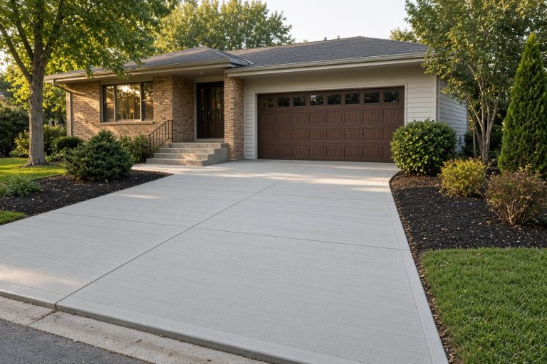 Resurfaced concrete driveway with an even finish at a mid-century house — Concrete Overlays in Hammond