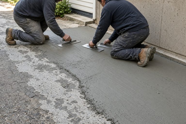 Crew spreading a concrete overlay on a worn residential driveway — Concrete Overlays in Hammond