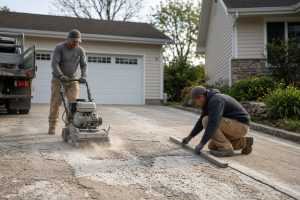 Workers scarifying loose scale on a driveway before the new layer — Concrete Overlays in Highland