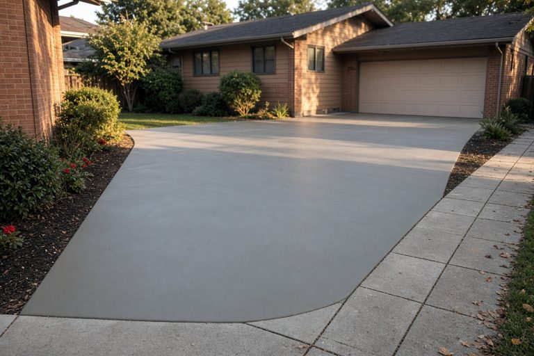 Smooth new overlay on a residential driveway by a mid-century house — Concrete Overlays in Highland