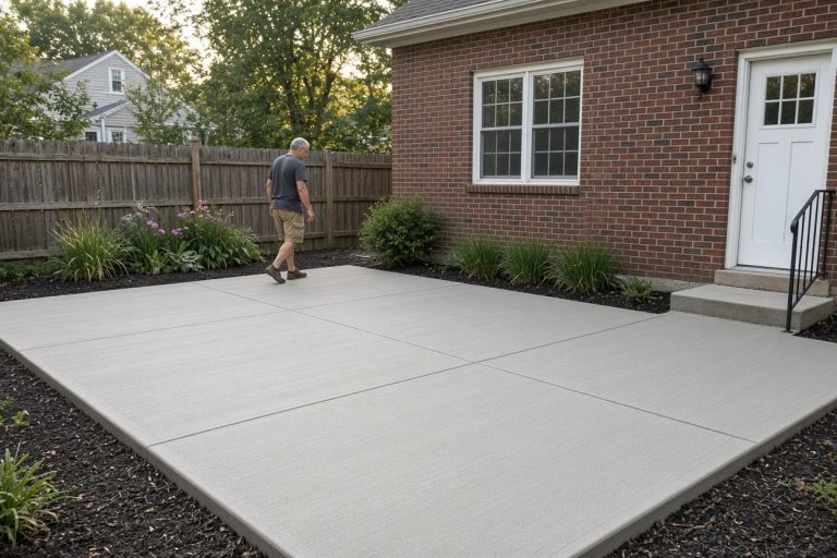 Finished broom-finish patio beside an older brick house — Concrete Overlays in Lansing