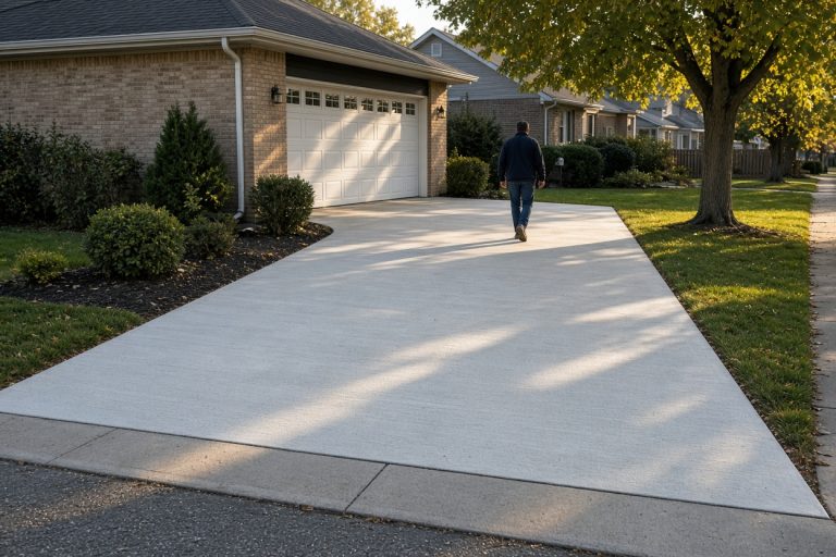 Finished overlay driveway with an even surface beside a ranch house — Concrete Overlays in Munster