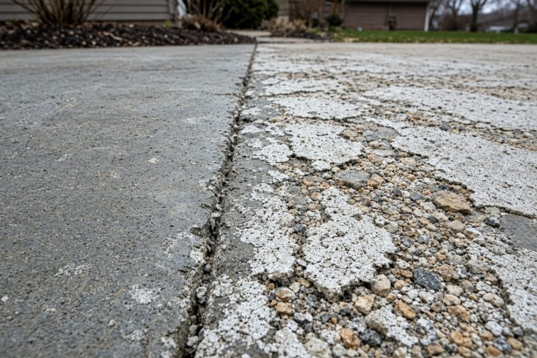 Close view of salt-scaled concrete with flaked paste and exposed stone — Concrete Overlays in Munster