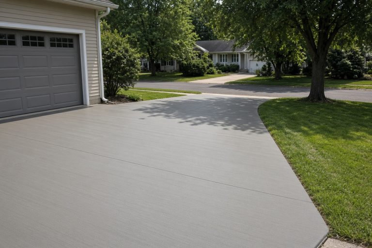 Smooth gray driveway overlay finished beside a garage — Concrete Overlays in Schererville