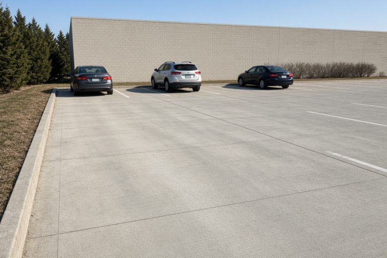 Finished concrete parking lot with clean joints and parked cars, Concrete Parking Lots in Crown Point