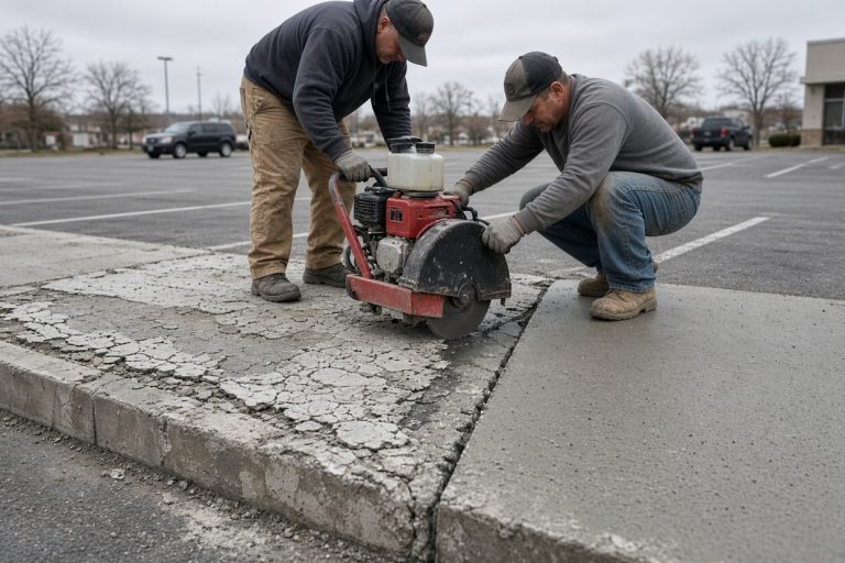 Workers saw-cutting a scaled lot panel next to a curb — Concrete Parking Lots in Dyer