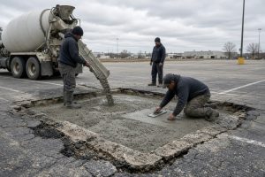 Crew pouring a replacement panel in a parking lot — Concrete Parking Lots in East Chicago