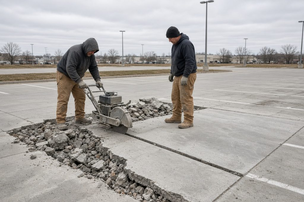 Crew cutting out a broken parking lot panel — Concrete Parking Lots in Hammond