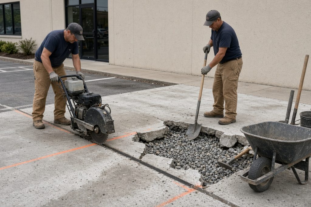 Crew cutting out a scaled parking panel — Concrete Parking Lots in Highland