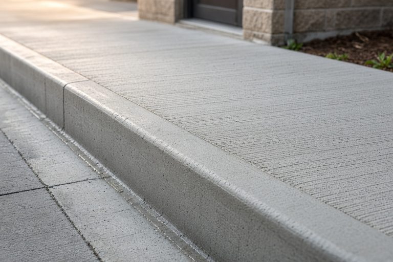 New concrete curb along a storefront walk — Concrete Parking Lots in Highland