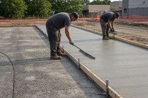 Crew finishing a fresh parking lot panel next to old concrete — Concrete Parking Lots in Schererville