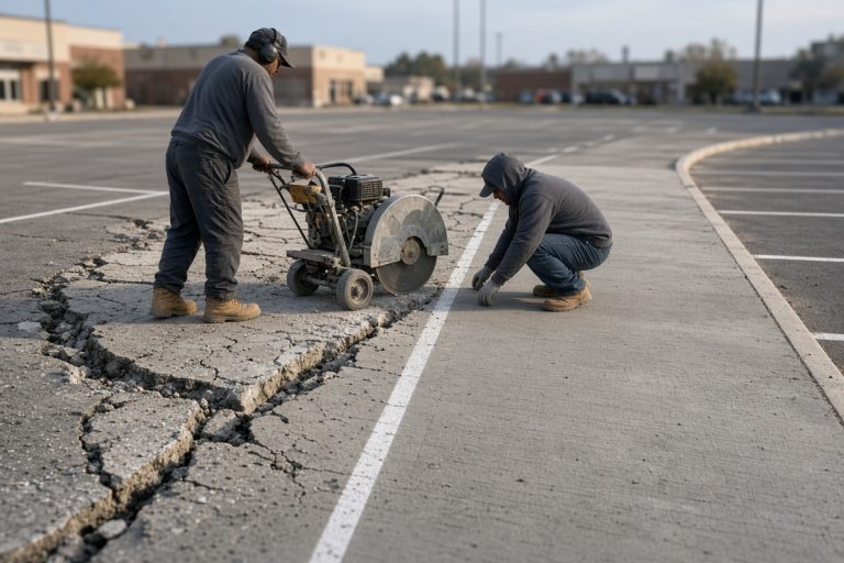 Crew saw-cutting failed parking lot concrete beside empty stalls - Concrete Parking Lots in Valparaiso