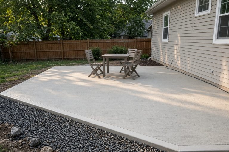 Finished broom-finish patio with chairs beside a Gary house — Concrete Patios in Gary
