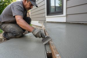 Crew tooling the edge of a fresh patio slab — Concrete Patios in Gary