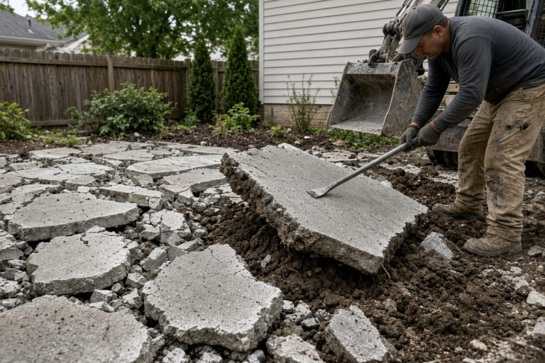 Broken patio slab lifted during a backyard tear-out — Concrete Patios in Gary