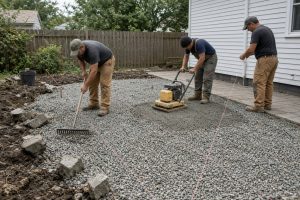 Crew grading a gravel base before the patio pour — Concrete Patios in Gary
