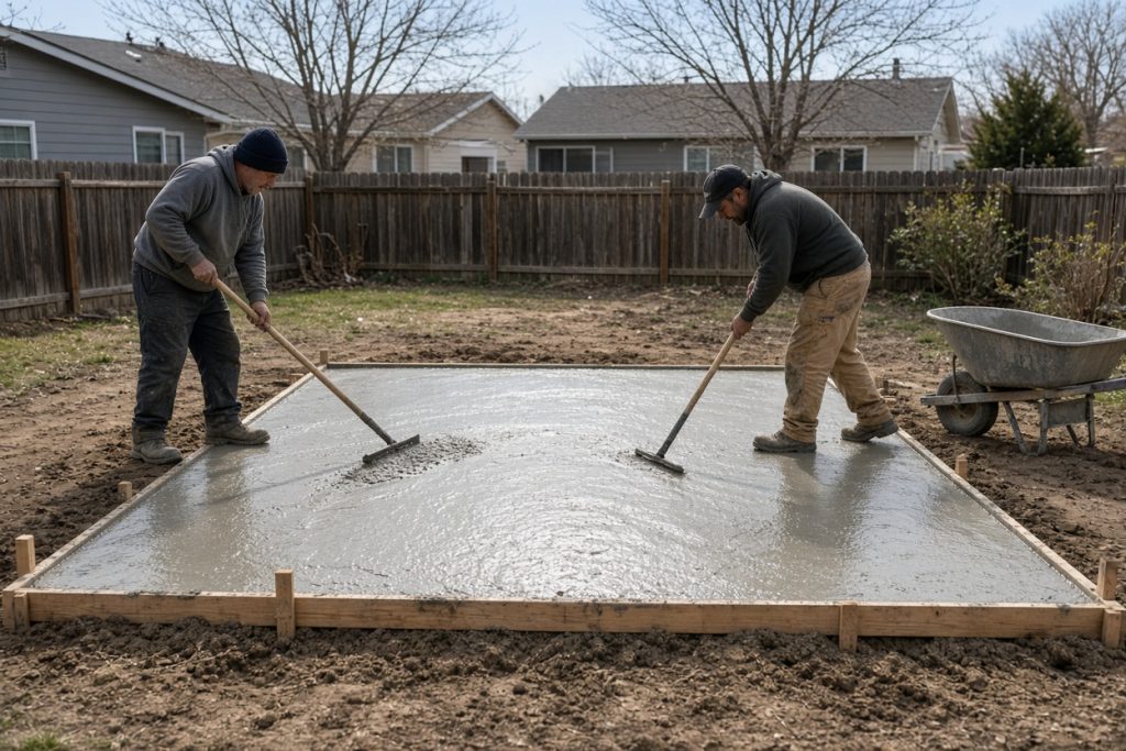 Crew smoothing a fresh patio pour in forms — Concrete Patios in Griffith