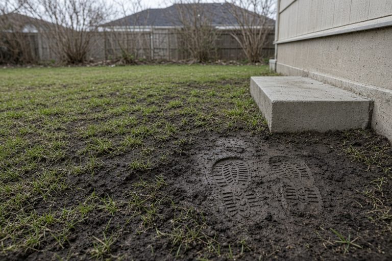 Boot prints in soft spring clay near a step — Concrete Patios in Griffith