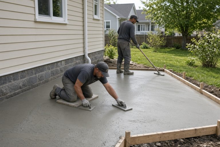 Crew finishing a fresh patio pour beside a house - Concrete Patios in Hobart