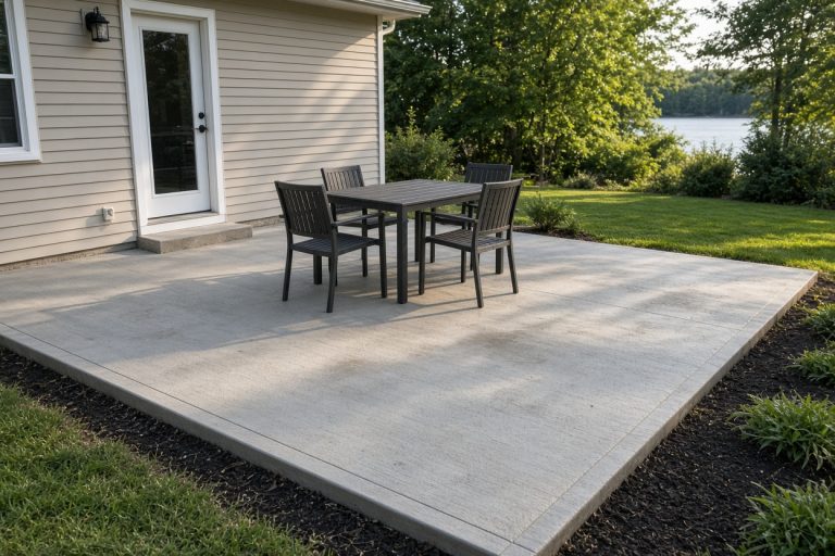 Finished patio with table and chairs in a lake-area backyard - Concrete Patios in Hobart