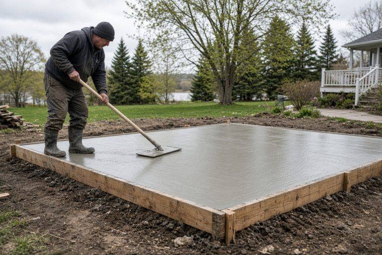 Crew finishing wet concrete inside patio forms — Concrete Patios in La Porte