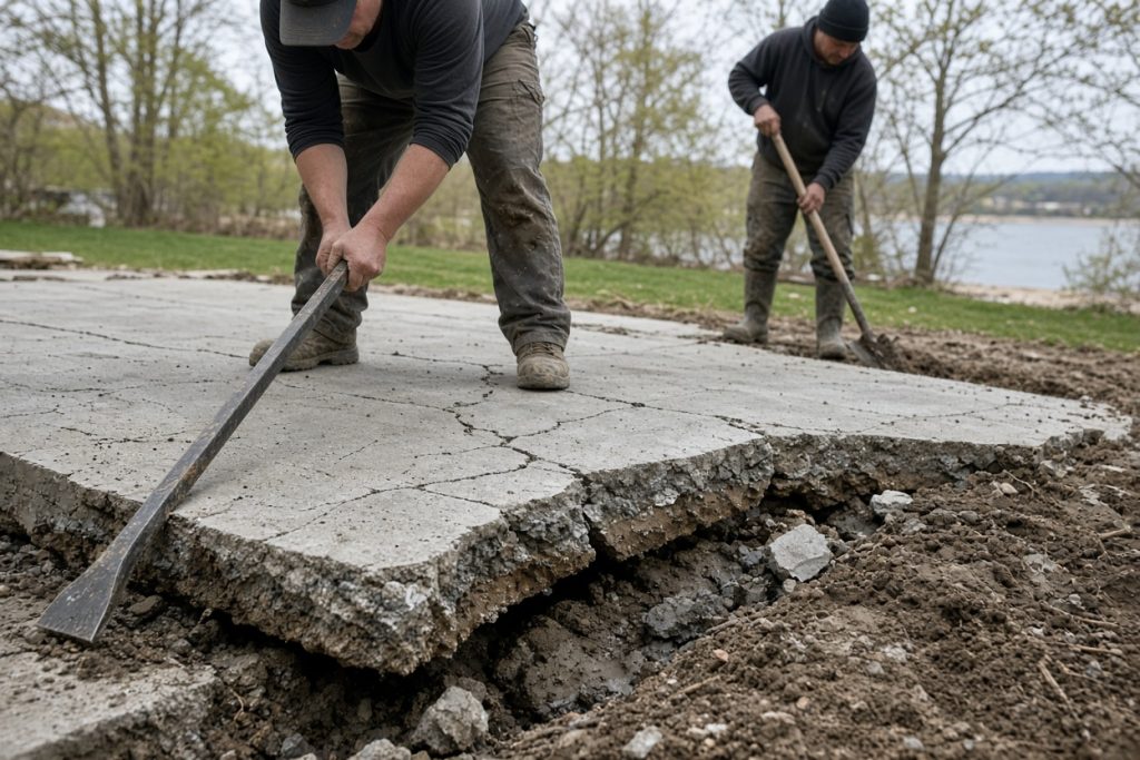 Crew breaking out a heaved patio slab on damp ground — Concrete Patios in La Porte