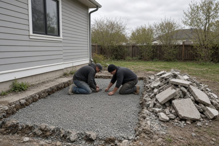 Crew checking compacted stone after a patio tear-out - Concrete Patios in Lake Station