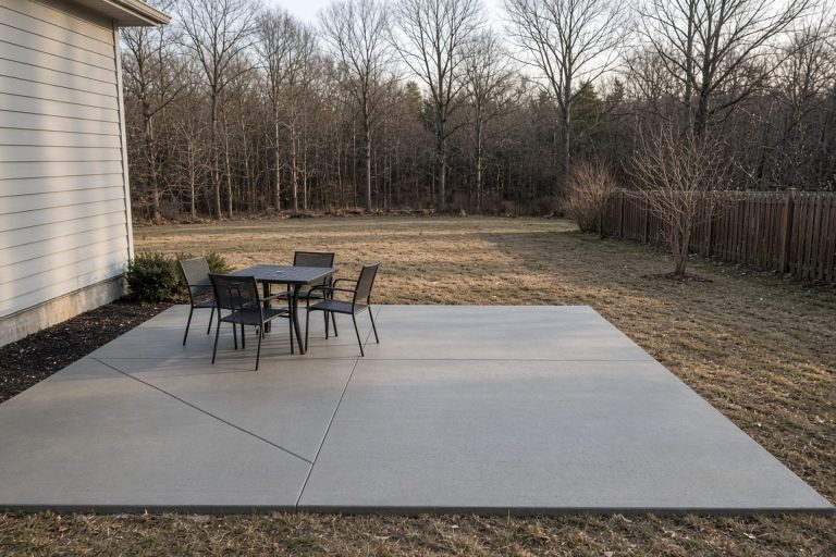Level open backyard patio with clean joints in winter light - Concrete Patios in Lowell
