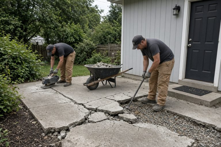 Crew removing a heaved patio section beside a back door - Concrete Patios in Lowell