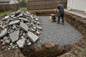 Broken patio pieces beside a fresh stone base — Concrete Patios in Merrillville