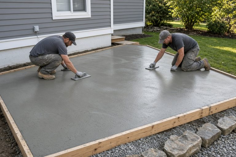 Crew smoothing fresh concrete on a new patio — Concrete Patios in Michigan City