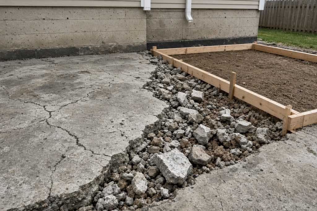 Cracked patio slab broken out next to new forms — Concrete Patios in Michigan City